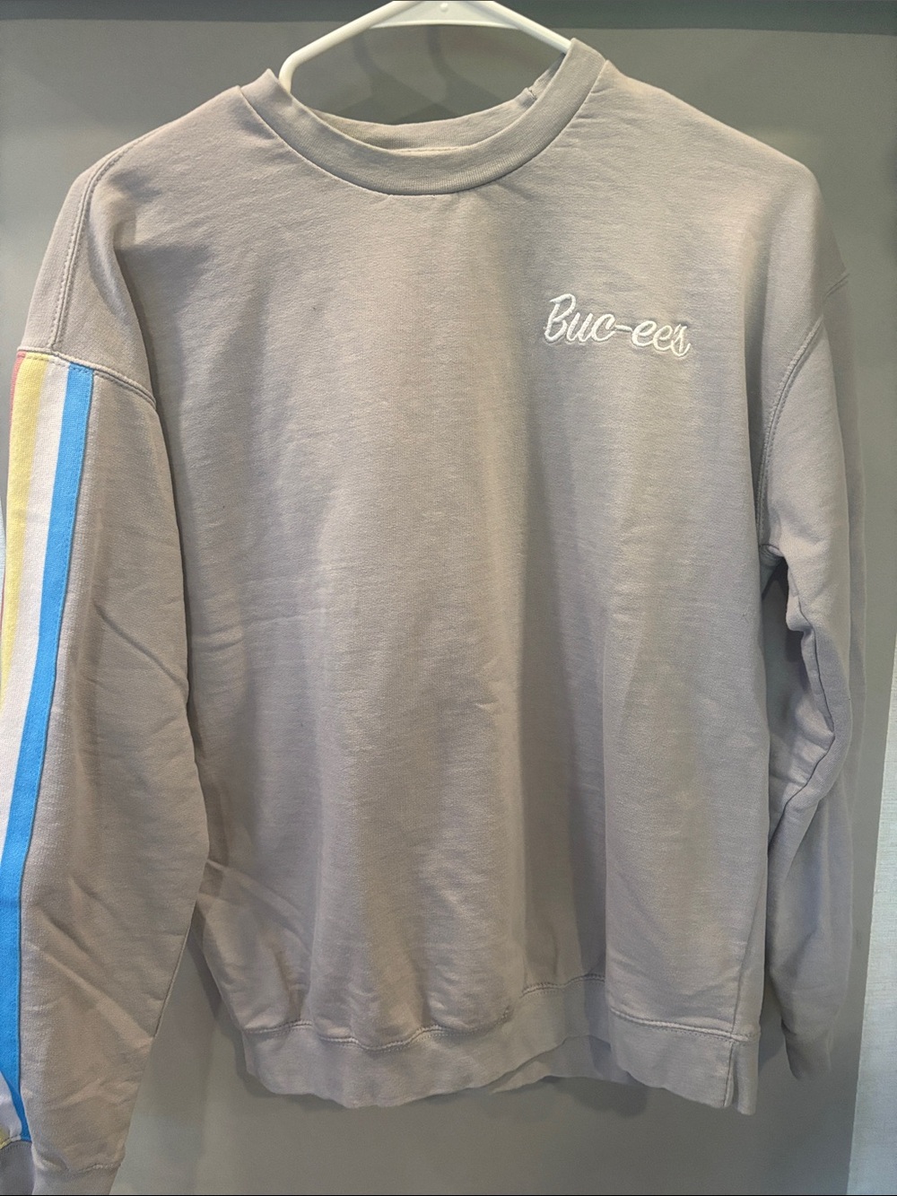 Buc-ee's Women's Light Gray Crewneck Sweatshirt with Pastel Stripe Sleeve